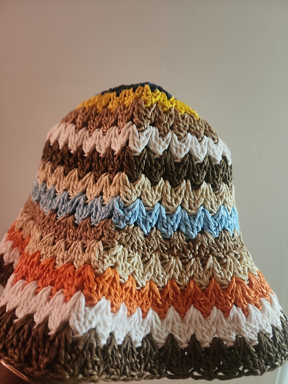 Peter Grimm Multicolor Crochet Bucket Hat — Yellow, Blue, Orange, White, Brown